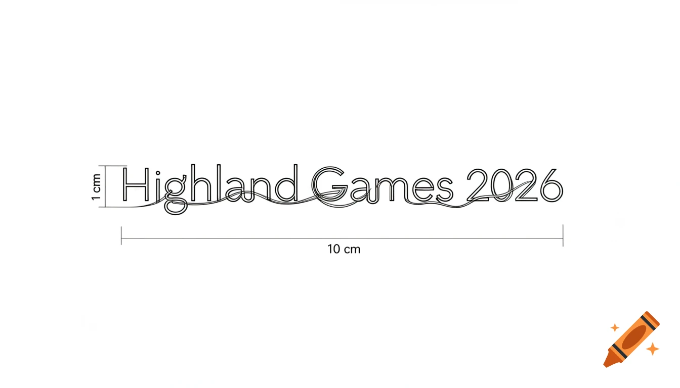 Single-line drawing of 'Highland Games 2026' text with 1 cm height and 10 cm width measurements.