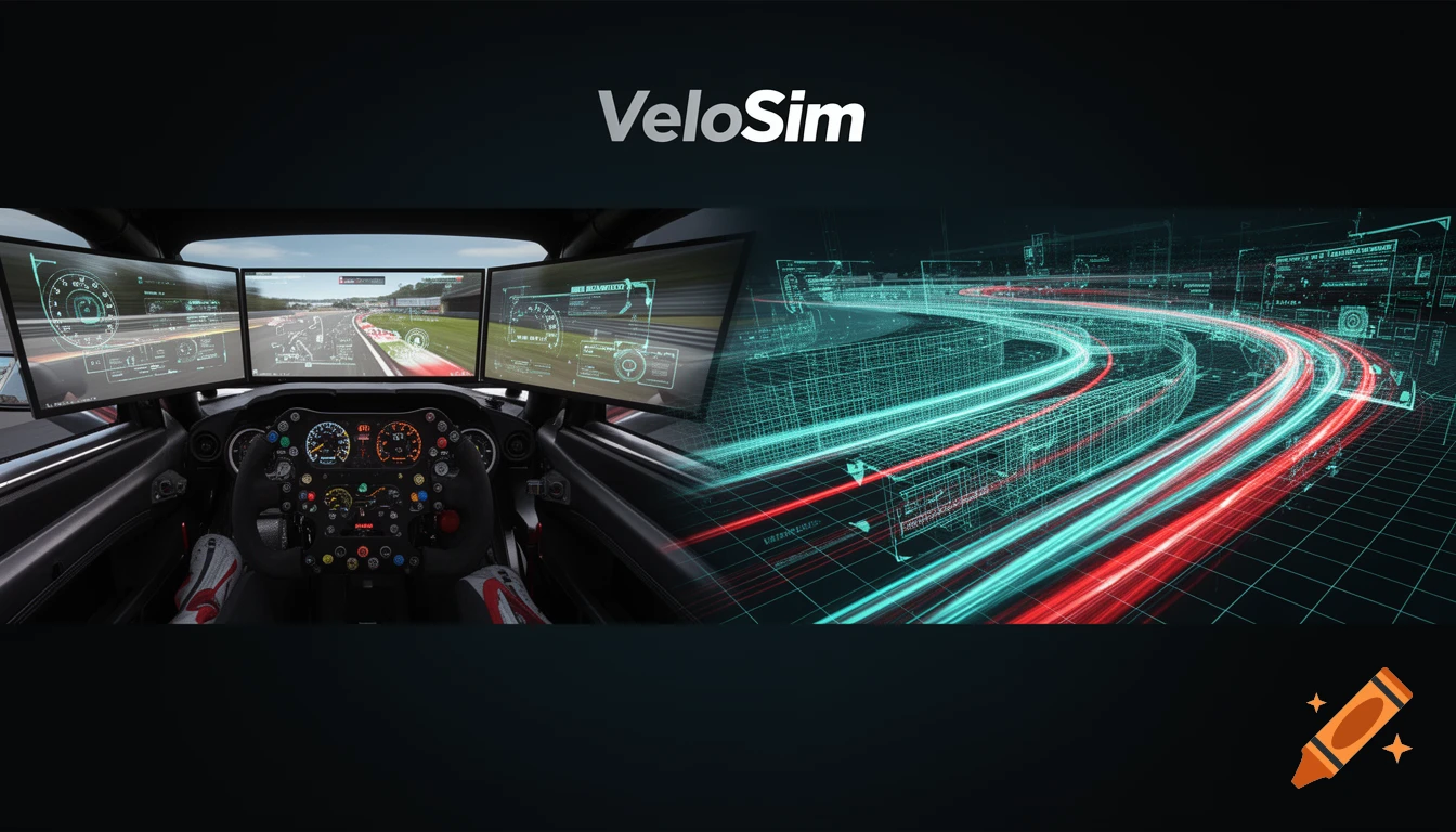 Split-screen image showing a race car cockpit with triple monitors on the left and a neon wireframe virtual reality race track on the right.