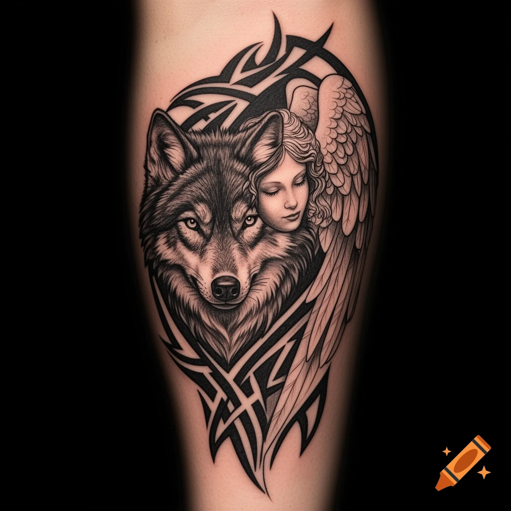 Black and white tattoo design featuring a wolf's head, a woman's face with a wing, and tribal patterns.
