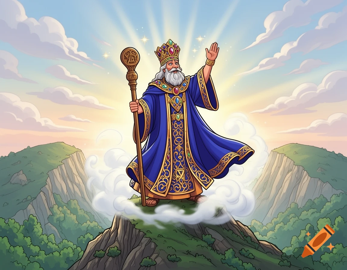 A cartoon high priest in blue and gold robes and a crown stands on a cloudy mountain peak, holding a staff and raising a hand, with sun rays in the sky.
