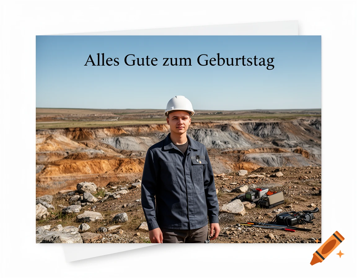 A young male geologist in a white hard hat and work shirt stands in front of a vast open-pit mine with "Alles Gute zum Geburtstag" (Happy Birthday) written in the sky above.