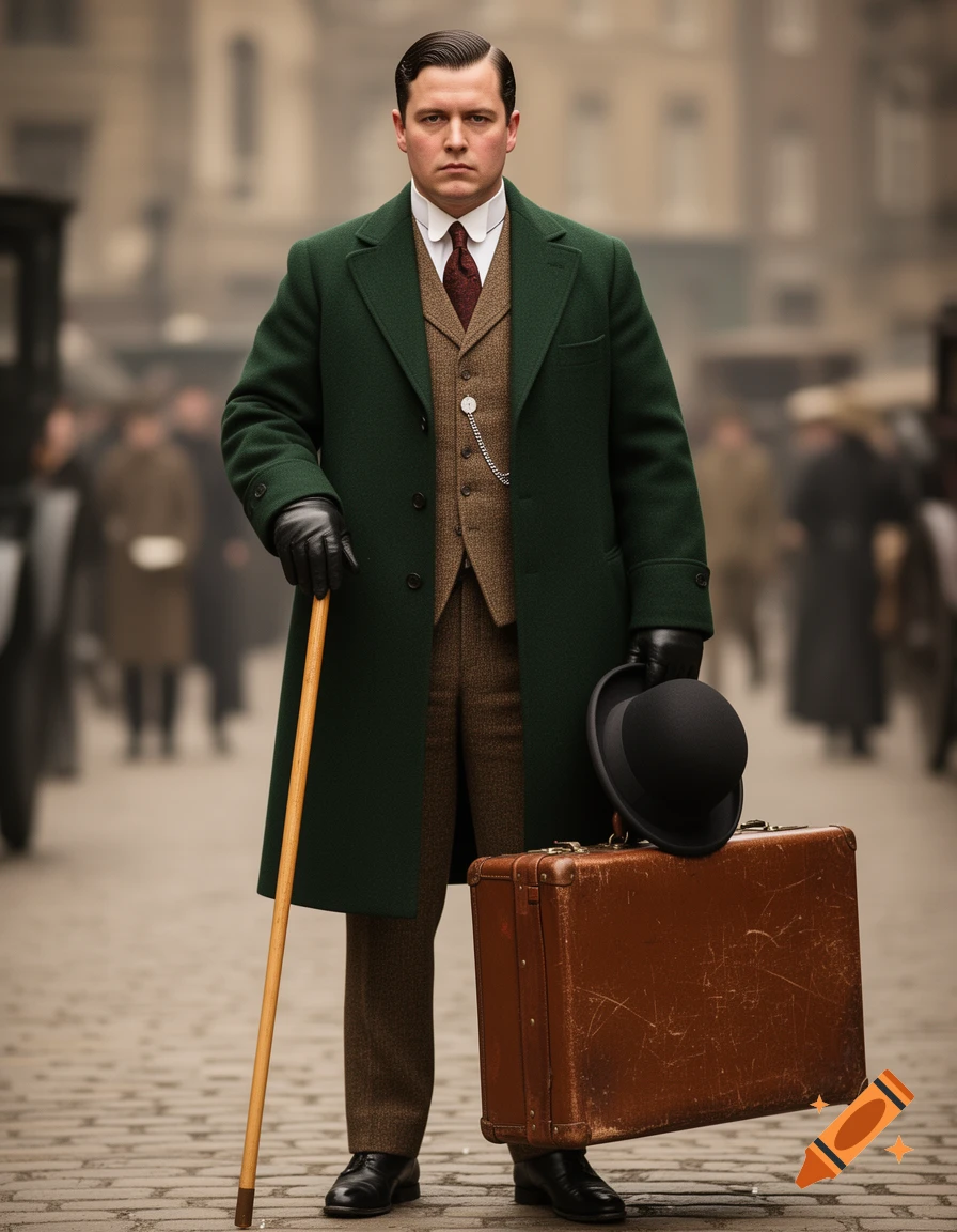 A man in a green overcoat, brown tweed suit, black gloves, holding a walking stick and a bowler hat atop a brown suitcase on a cobblestone street.