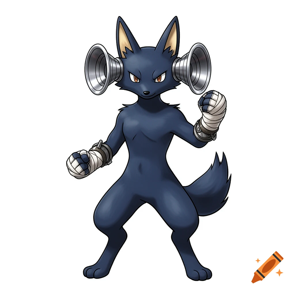 Dark blue bipedal jackal-like creature with metallic ear discs and bandaged fists, in Ken Sugimori art style.