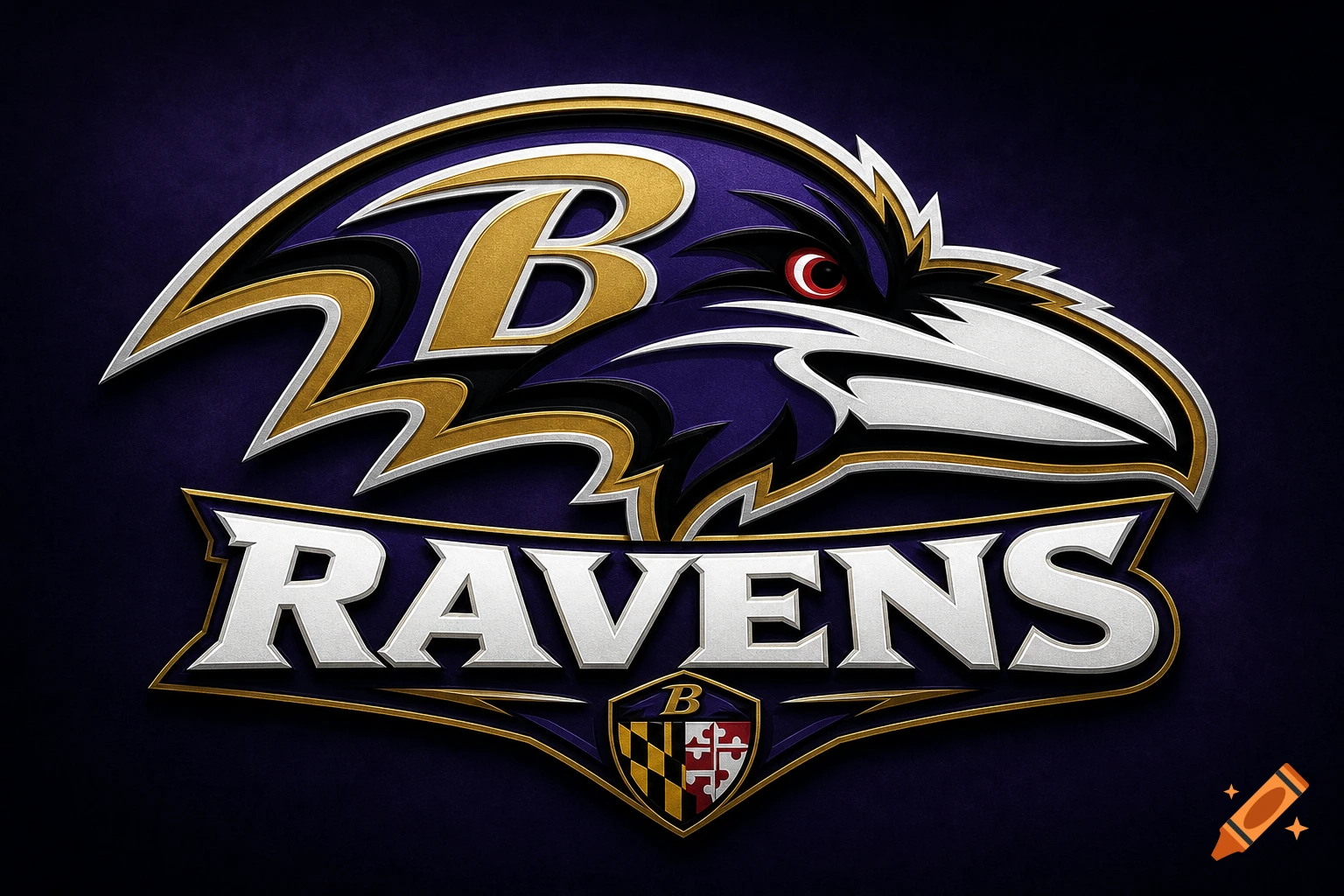3D metallic Baltimore Ravens logo featuring a raven head, a 'B', and the Maryland flag on a dark purple background.