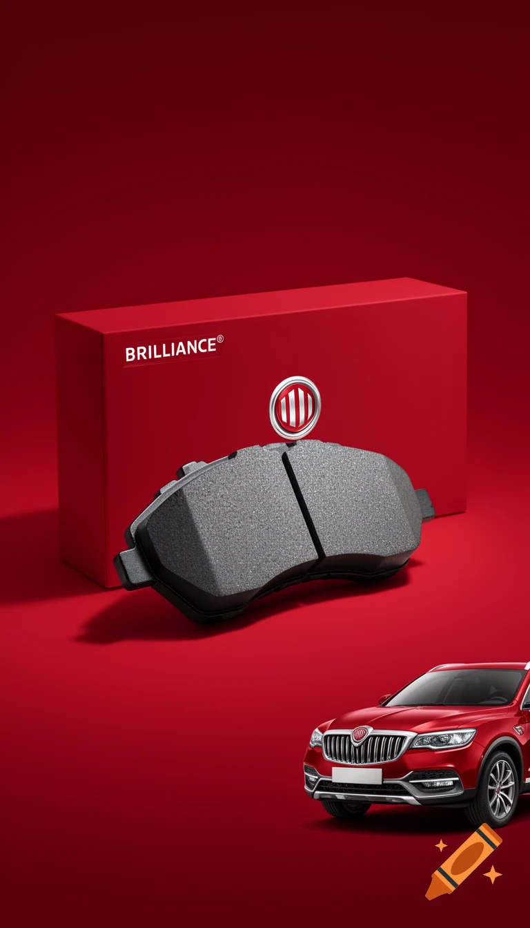 Red Brilliance car brake pad and packaging box with logo, displayed on a vibrant red background next to a red Brilliance car.