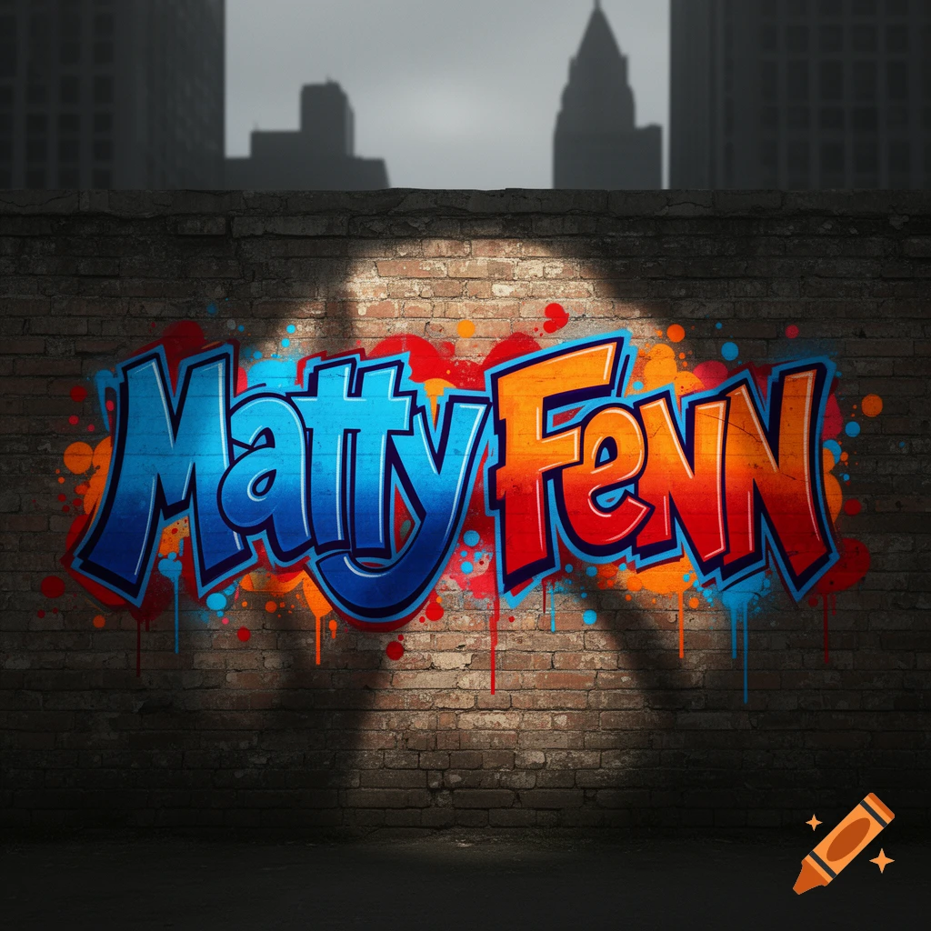Colorful graffiti spelling 'Matty Fenn' on a brick wall with a blurred city skyline background.