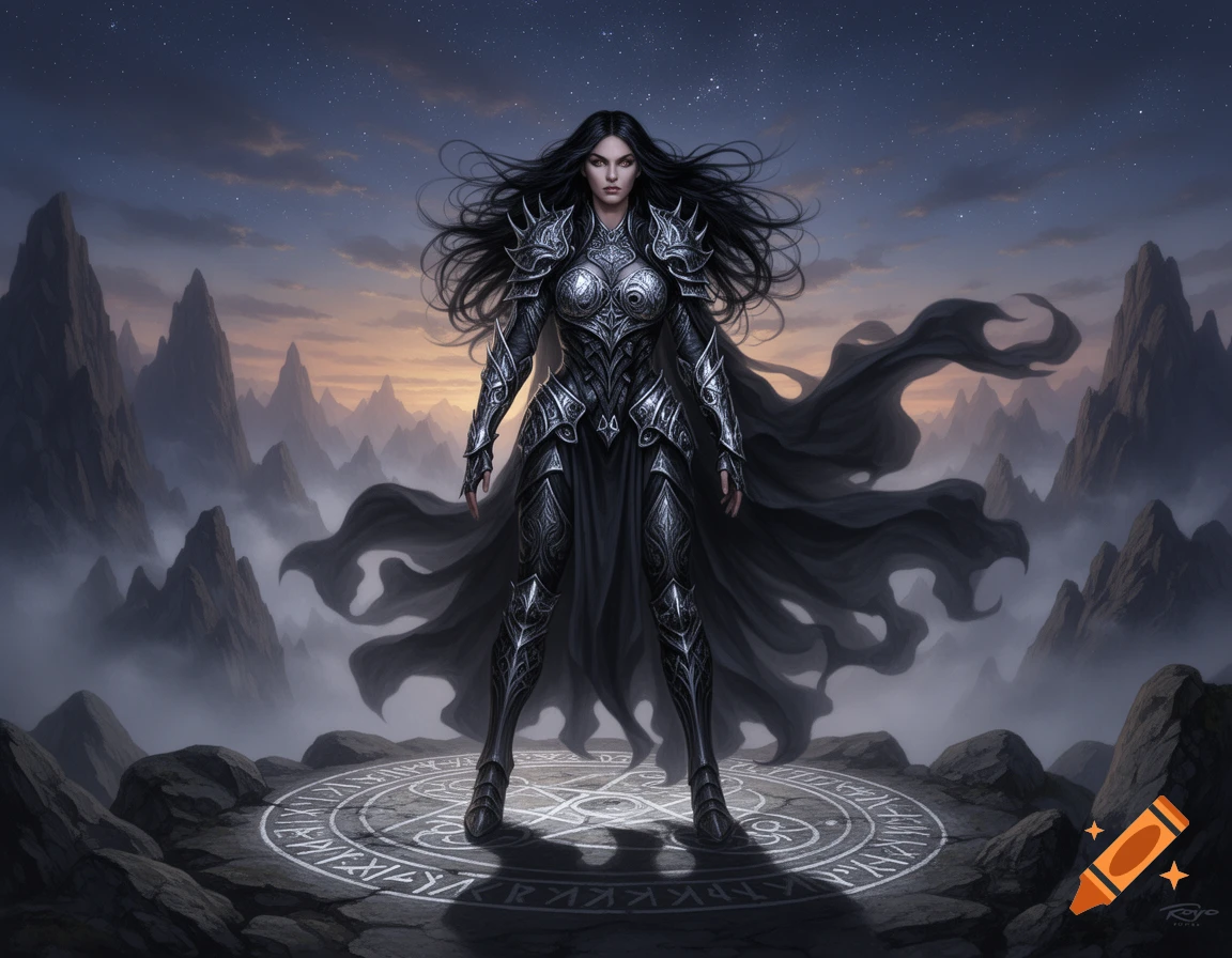A dark-haired female warrior in ornate, dark armor and a flowing cape stands on a magic circle, surrounded by misty mountains under a starry night sky.