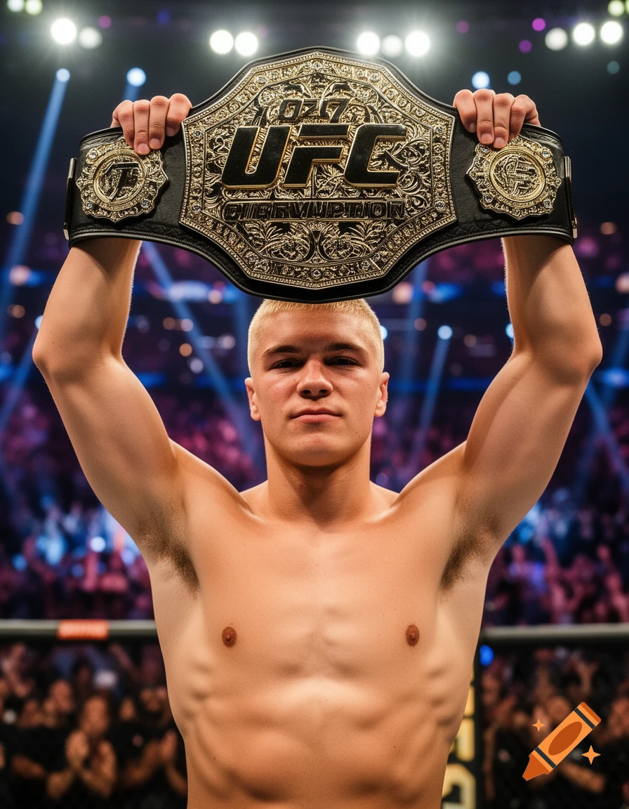 A muscular man with a blonde buzz cut holds a UFC championship belt above his head in an arena.