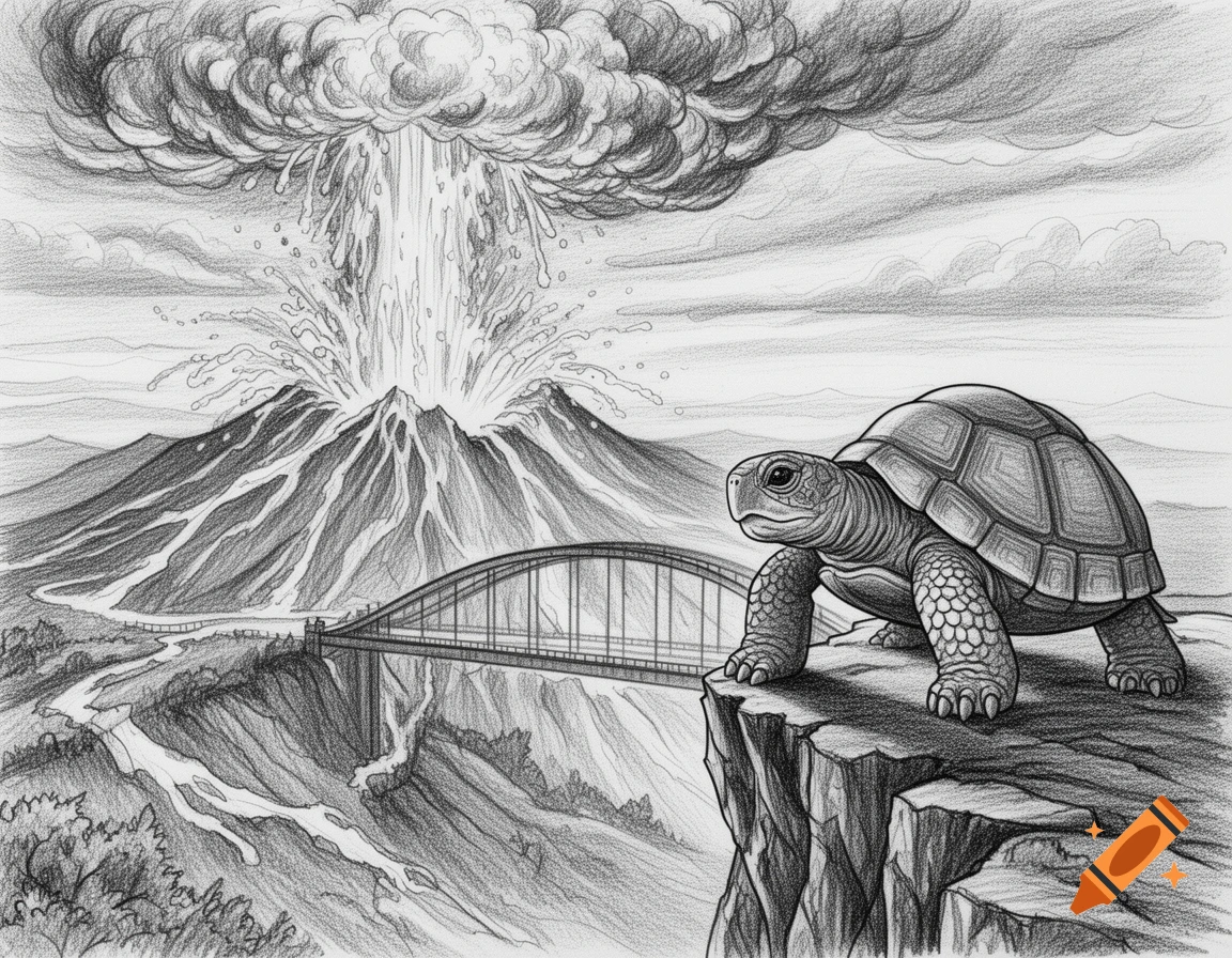 Pencil sketch of a large turtle on a cliff, looking at an erupting volcano and a bridge spanning a chasm.