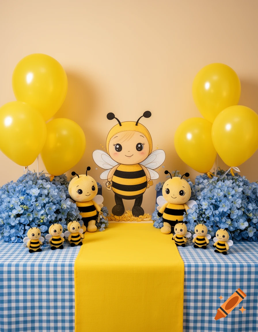 A bee-themed birthday party setup with a large bee cutout, bee plush toys, yellow balloons, blue flowers, and a blue checkered tablecloth with a yellow runner.