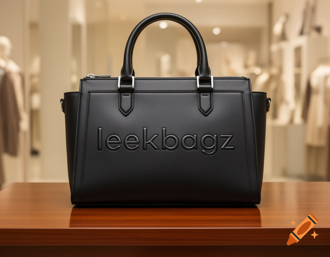 A black leather handbag with the brand name "leekbagz" embossed on its front, sitting on a polished wooden counter in a retail store.