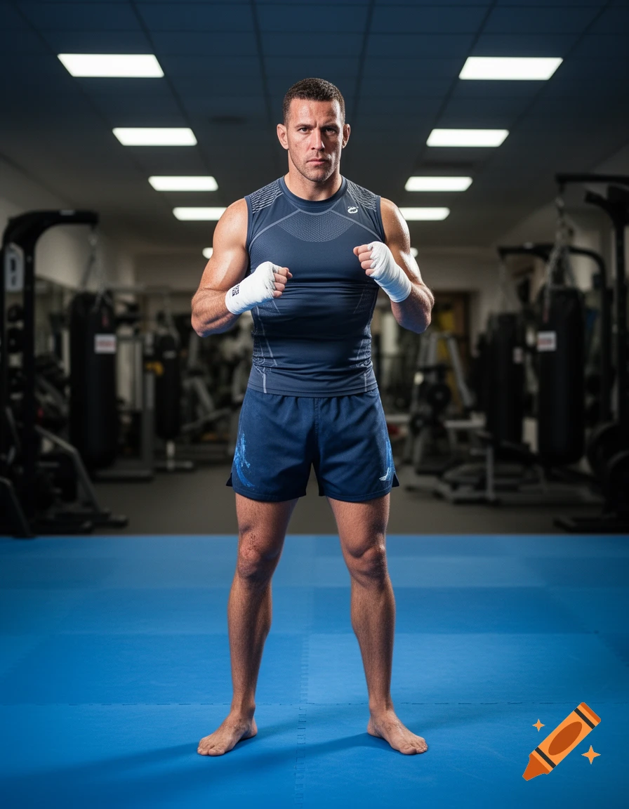 A muscular MMA fighter stands on a blue mat in a gym, wearing athletic gear and hand wraps, looking ready for a fight.