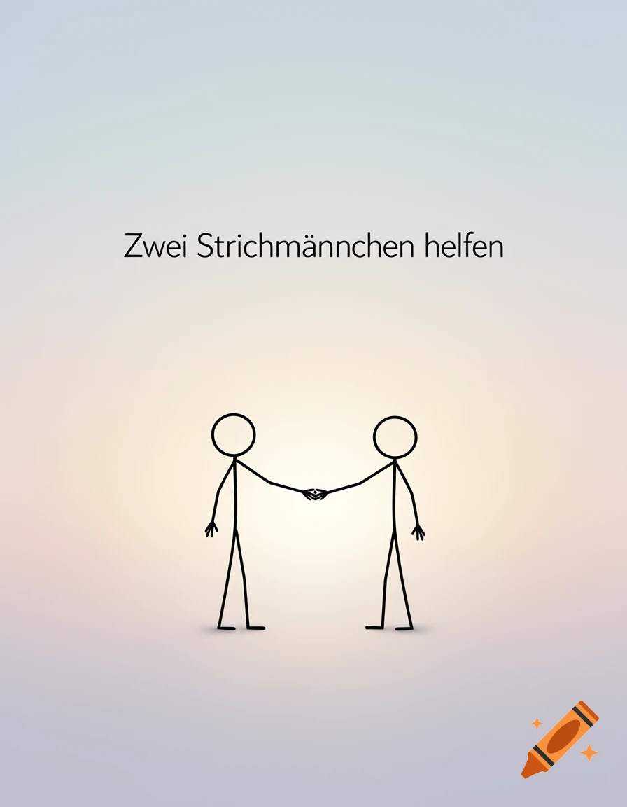 Two black stick figures shake hands under the German text "Zwei Strichmännchen helfen" on a soft gradient background.