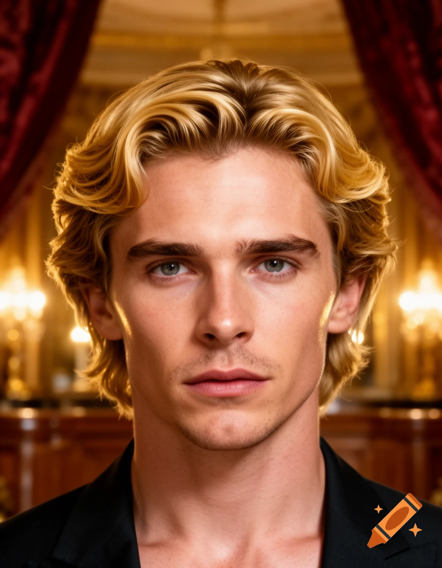Photorealistic portrait of a young man with blonde wavy hair and blue eyes, set against a warmly lit ornate background.