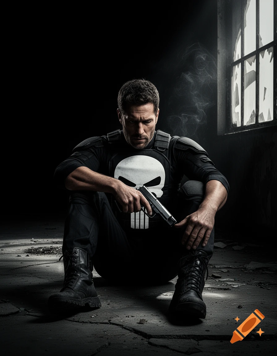 Photorealistic image of Jon Bernthal as The Punisher, sitting on a cracked floor in a dark room with a broken window, holding a pistol.
