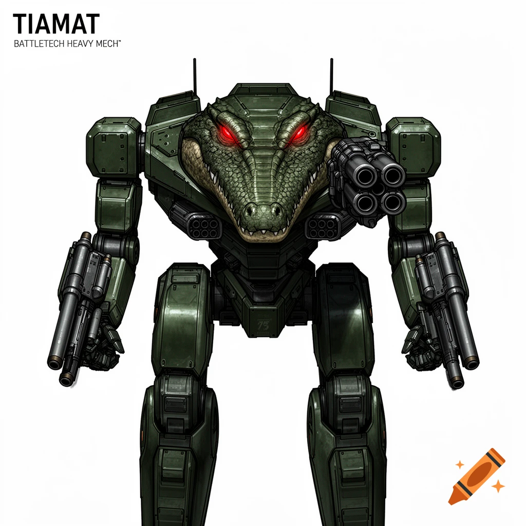 A detailed concept art of a dark green BattleTech heavy mech named Tiamat, featuring an alligator head, red glowing eyes, and armaments, on a white background.