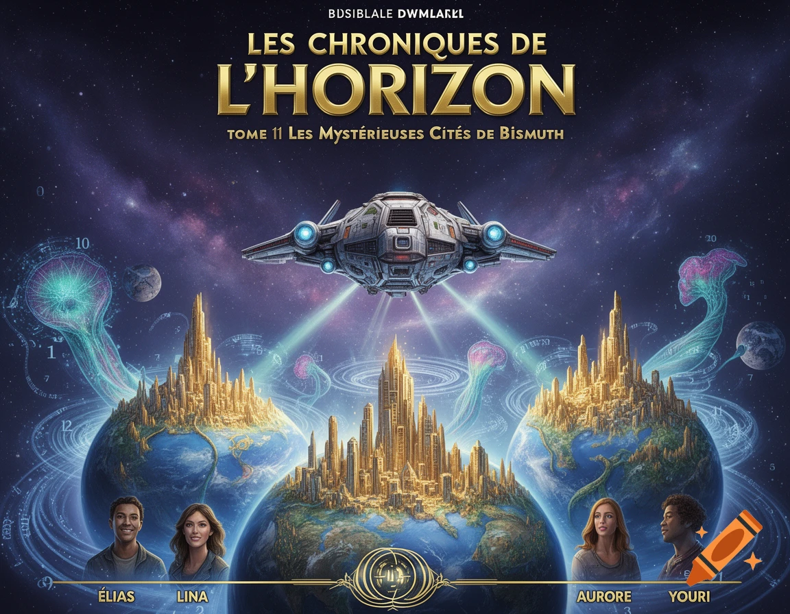 A futuristic book cover featuring a spaceship flying above three planets with golden cities, surrounded by glowing cosmic entities and four diverse characters.
