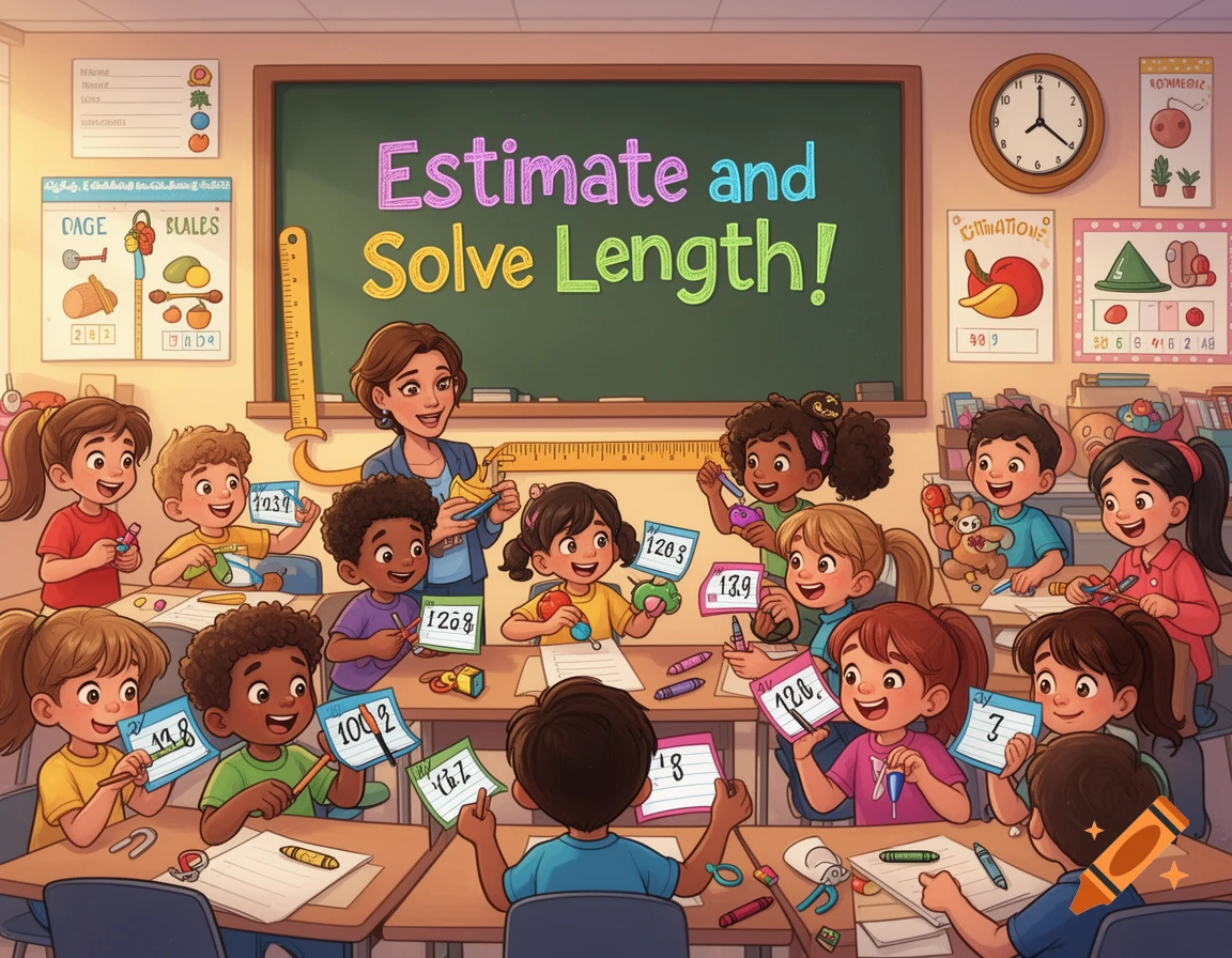 A diverse group of smiling elementary school children and their teacher in a classroom, with "Estimate and Solve Length!" written on the blackboard. Students hold papers with numbers, participating in a math lesson.