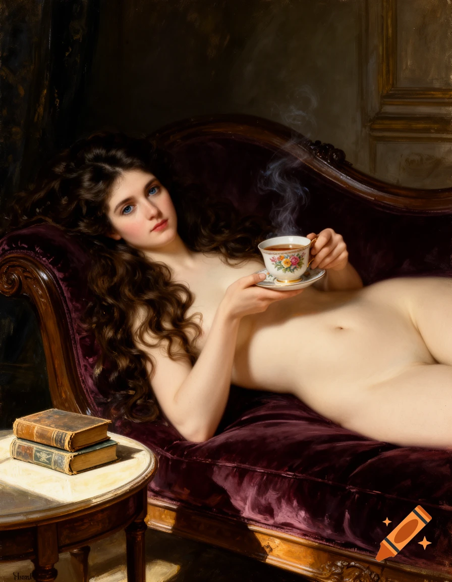 A nude woman with long dark hair reclines on a dark velvet couch, holding a steaming teacup. Two old books rest on a table beside her, painted in a classical oil style.