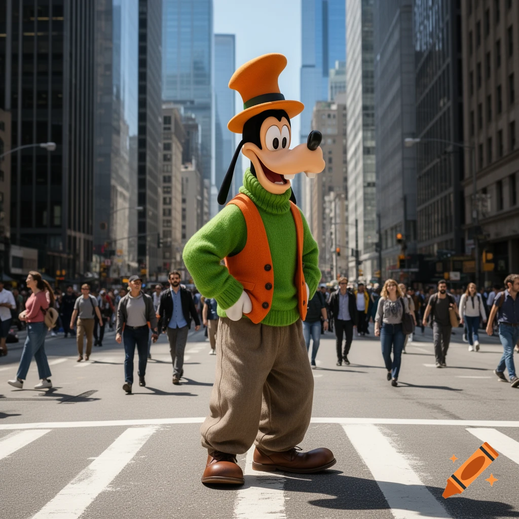 Goofy, dressed in a green sweater and orange vest, stands in the middle of a busy photorealistic city street.