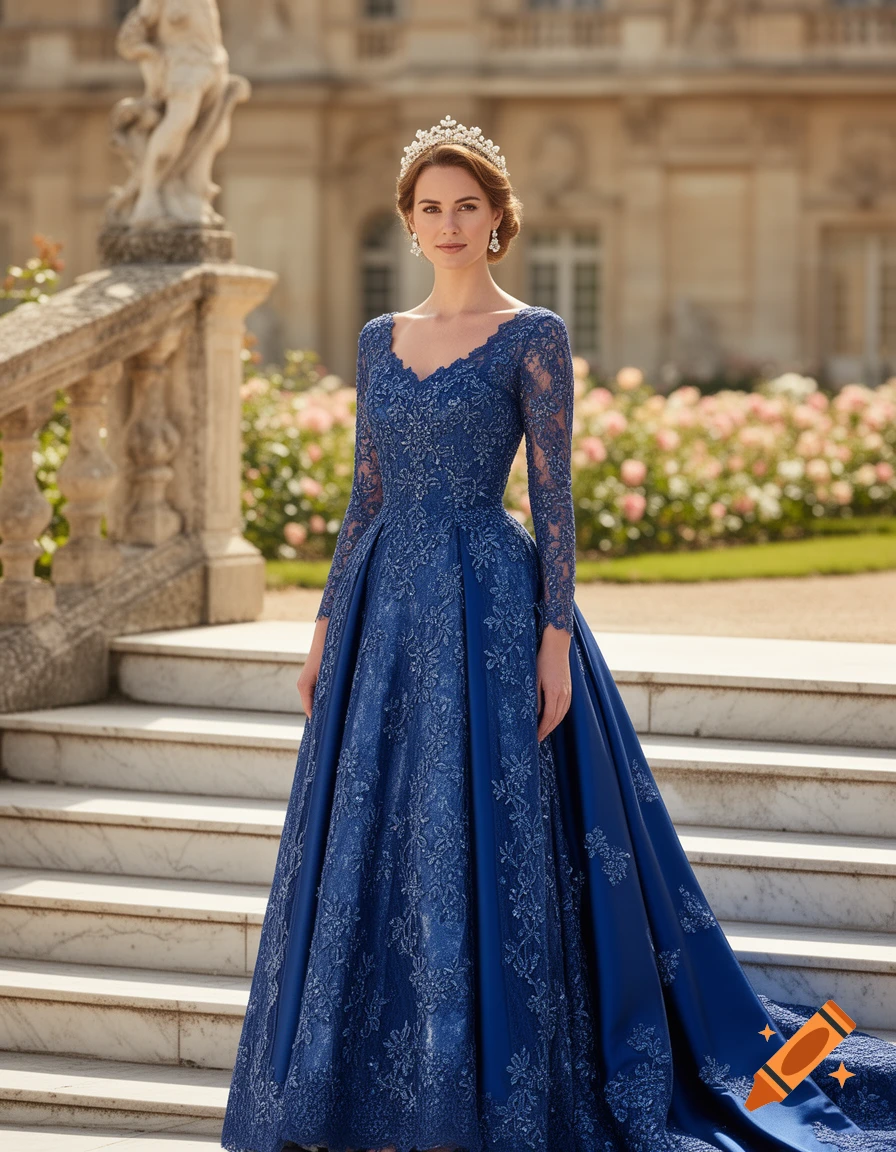 A woman in a long-sleeved royal blue ball gown with a lace overlay and a tiara stands on a grand stone staircase outdoors.