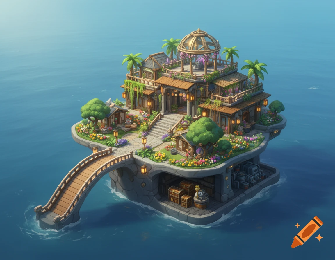 Isometric view of a lush, multi-level floating island base with ornate buildings, gardens, a bridge, and hidden basement over blue water.