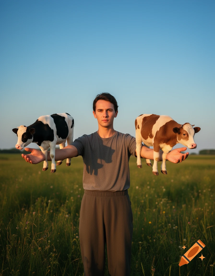 A man stands in a grassy field with a clear blue sky, holding a black-and-white calf in place of his left hand and a brown-and-white calf for his right hand.