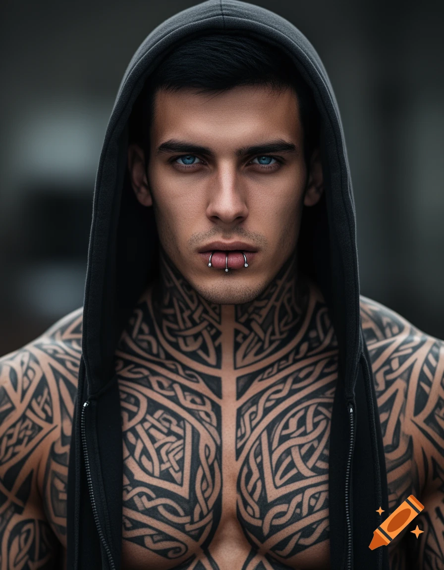 A man with piercing blue eyes, an open black hoodie, extensive tribal chest tattoos, and lip piercings. Photorealistic style.