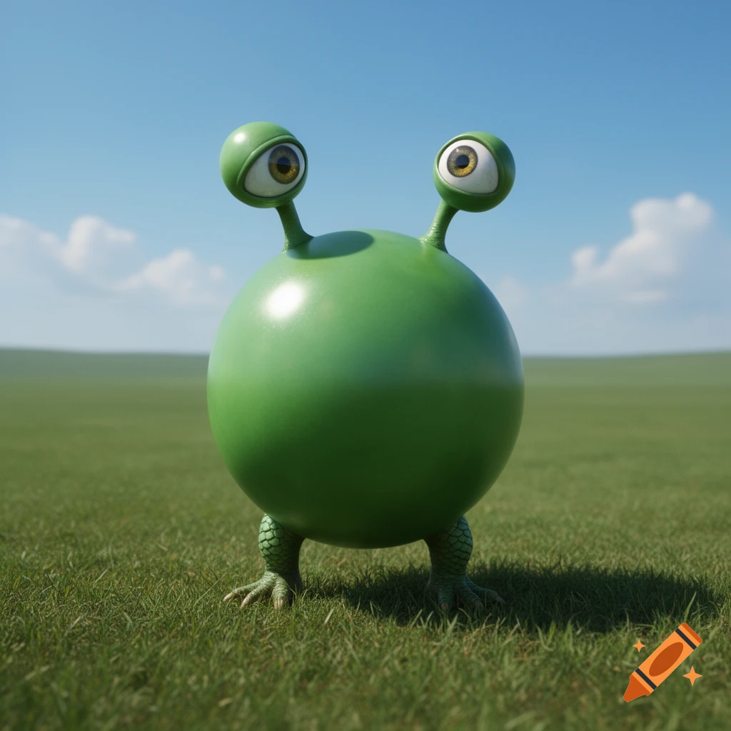 A round, shiny green monster with two large googly eyes on stalks and small legs stands in a grassy field under a blue sky.