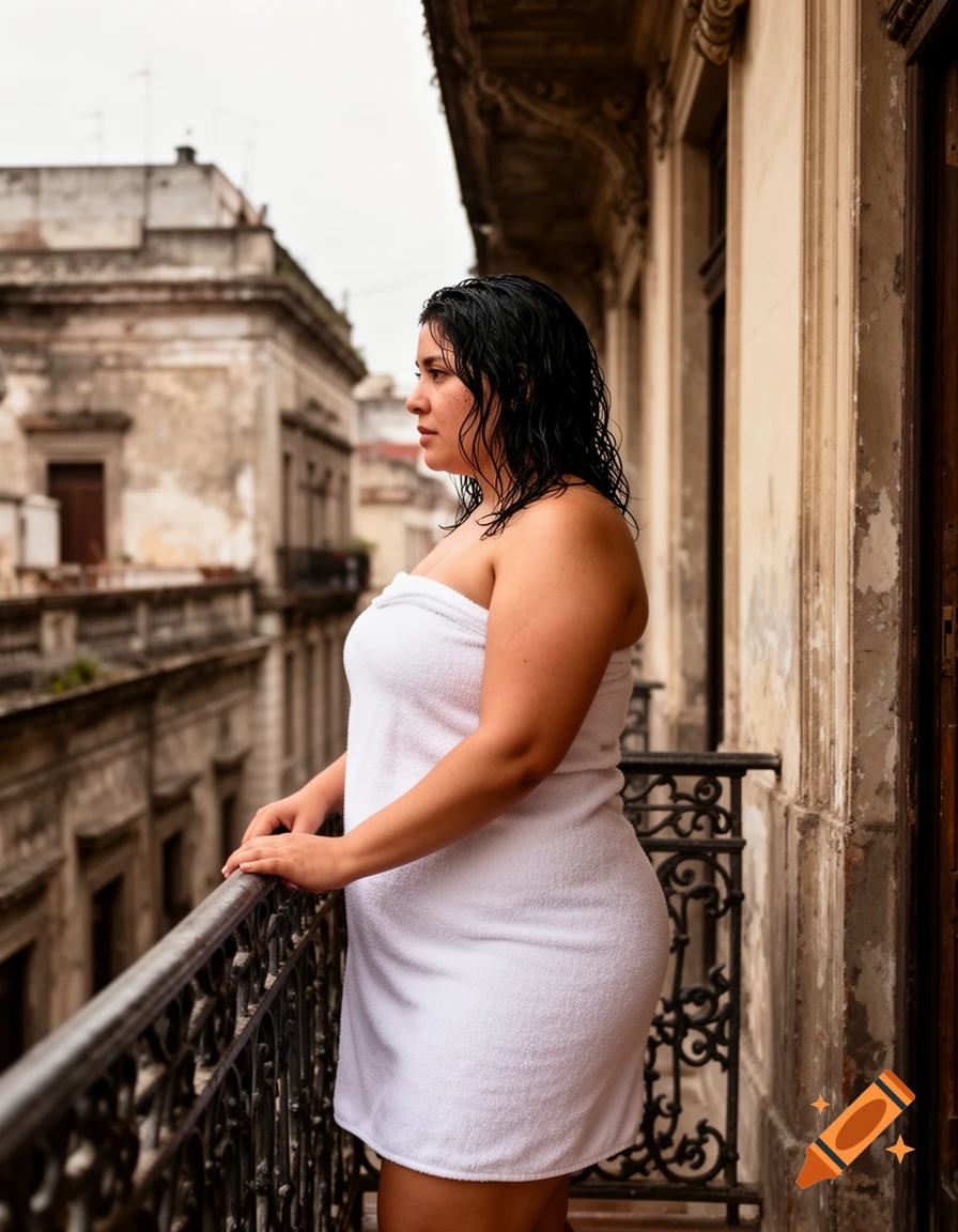 Woman with wet dark hair in a white towel standing on an old balcony overlooking city buildings.