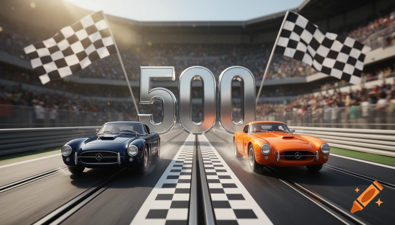 Two vintage slot cars, one blue and one orange, race on a track beneath a large '500' sign and checkered flags in a stadium.