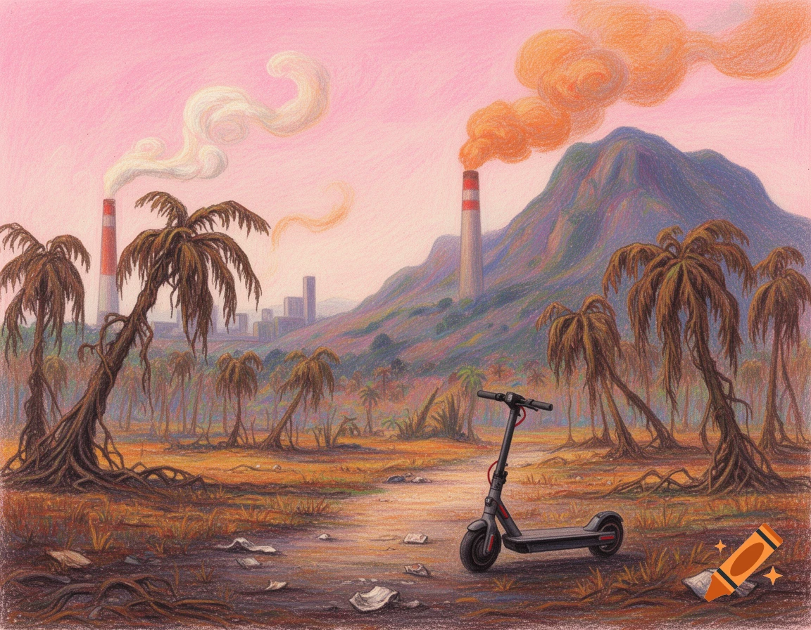 A Gauguin-inspired painting of a desolate landscape with withered palm trees, a scooter, and factory smokestacks under a pink sky.