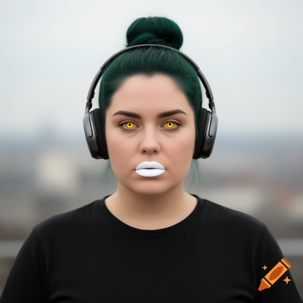 Photorealistic portrait of a woman with dark green hair in a bun, yellow eyes, white lips, wearing headphones and a black t-shirt.