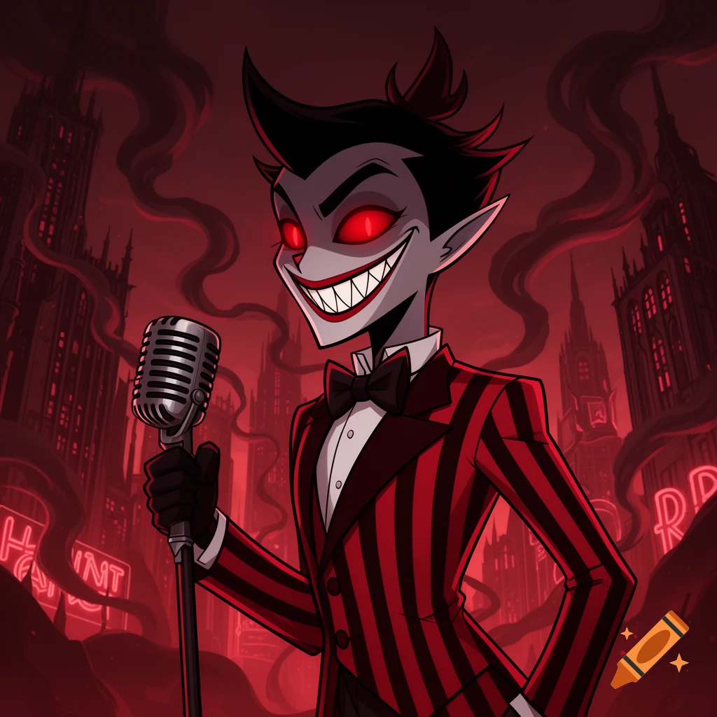 A smiling, demonic character in a red and black striped suit holds a microphone, against a dark red gothic city background in anime style.