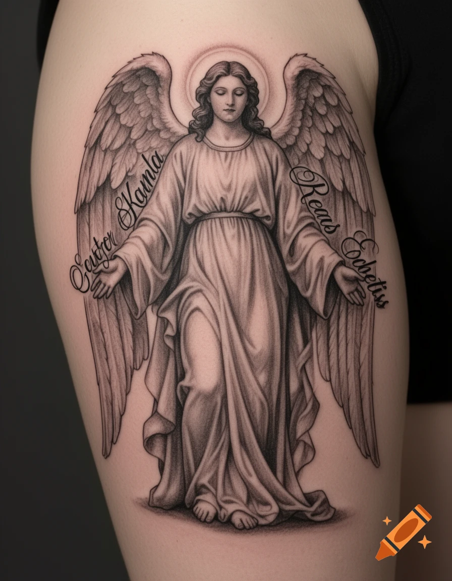 Greyscale tattoo of an angel with large wings and flowing robes, featuring illegible script on the arms, on a person's thigh.
