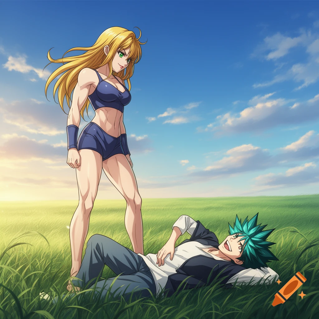 An anime-style image of a muscular woman in a sports bra and shorts standing over a man lying on his back in a sunny grassy field.