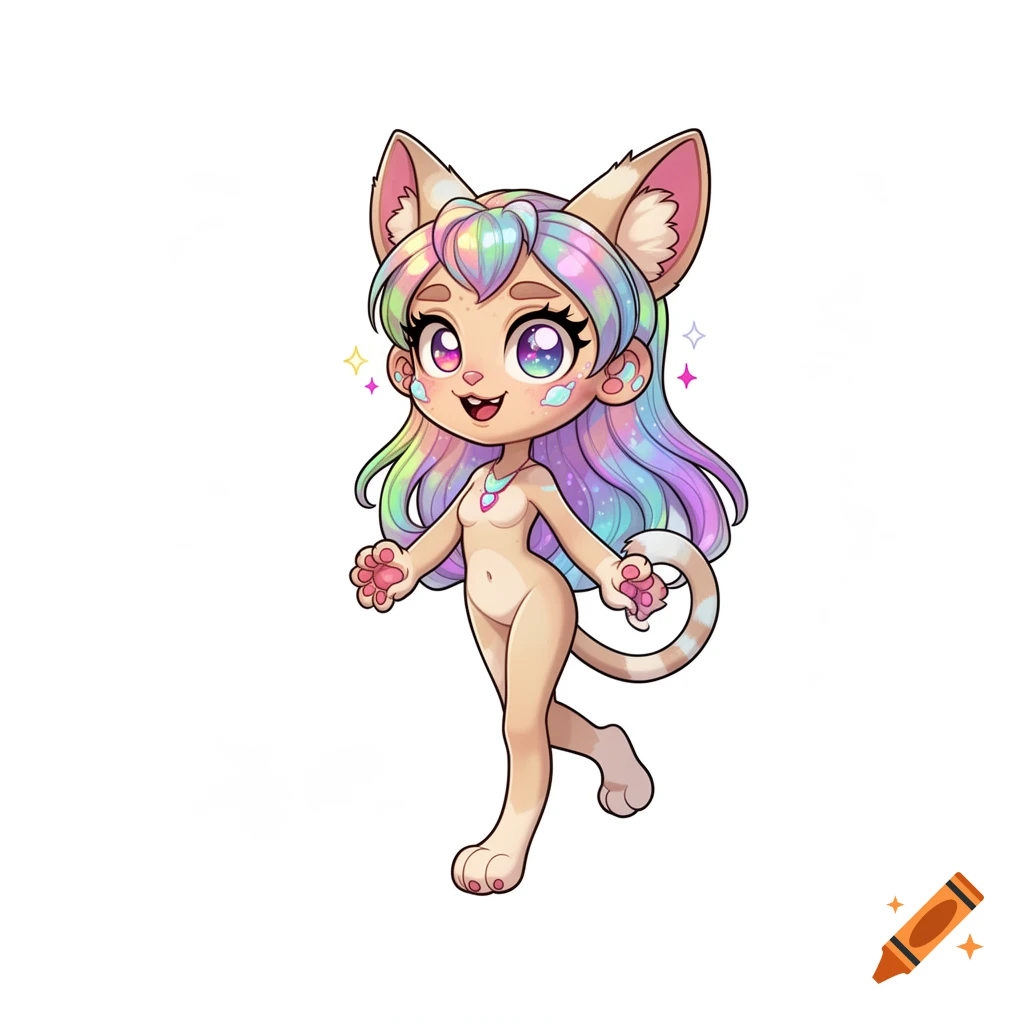 Cute chibi cat-girl with rainbow hair, large sparkling eyes, cat ears and tail, standing on a white background.
