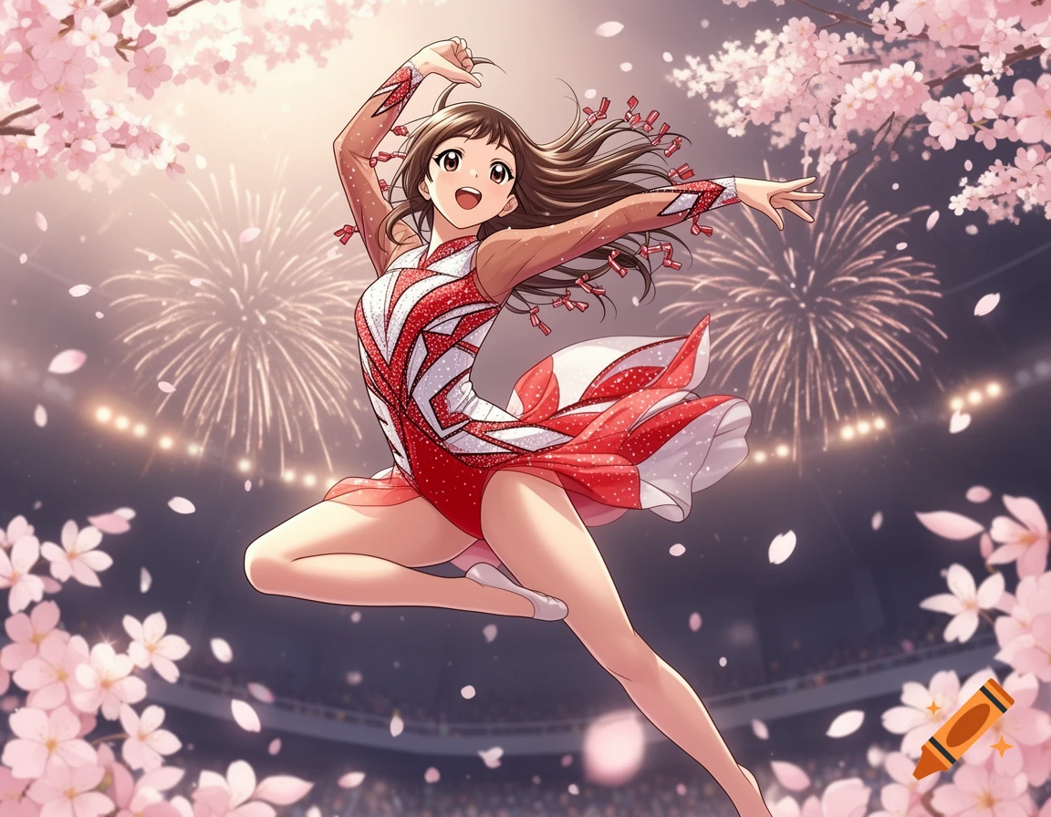 Anime girl in red and white leotard performing gymnastics in a stadium with fireworks and cherry blossoms.