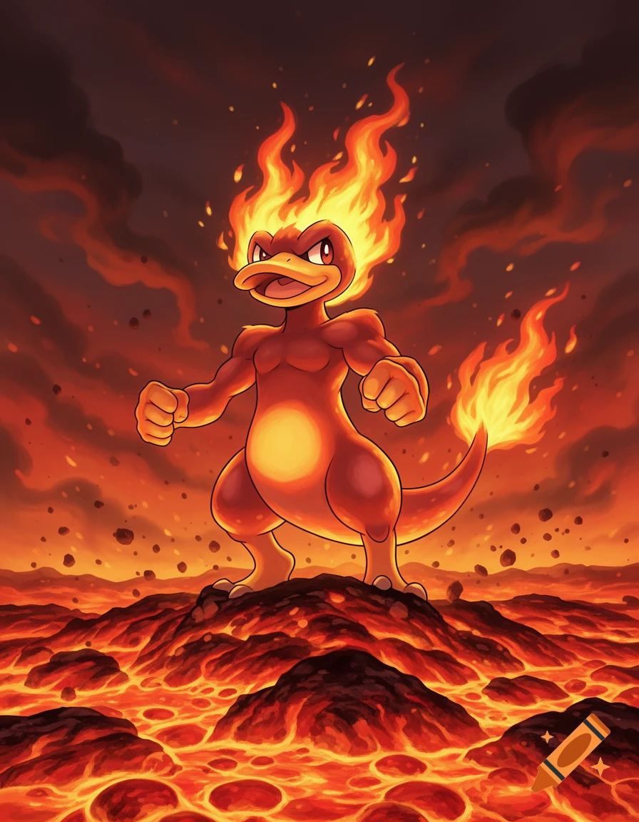A flaming, red Magmar-like creature with an angry expression stands on molten rock under a fiery sky.