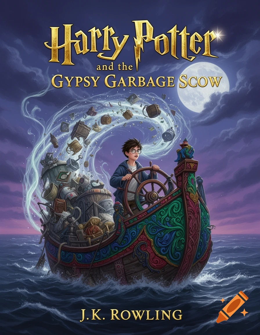 Book cover for Harry Potter and the Gypsy Garbage Scow, showing Harry in a garbage-filled boat on a stormy sea under a full moon.