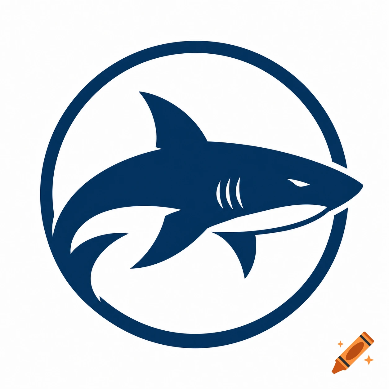 Stylized dark blue shark logo within a circle on a white background.