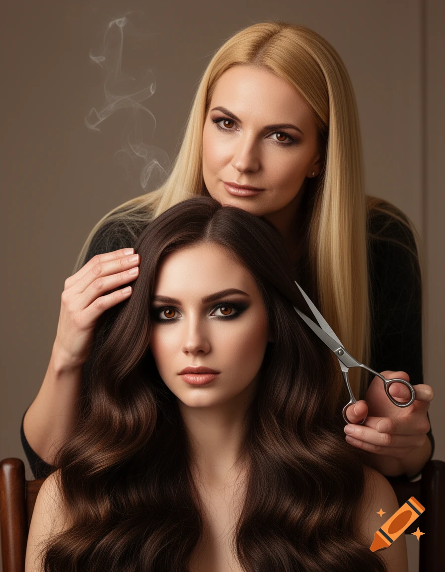 Two women, one with long brown hair, sitting, with another woman with long blonde hair standing behind her, holding scissors near the brown hair. Light smoke rises from the brown-haired woman's head.