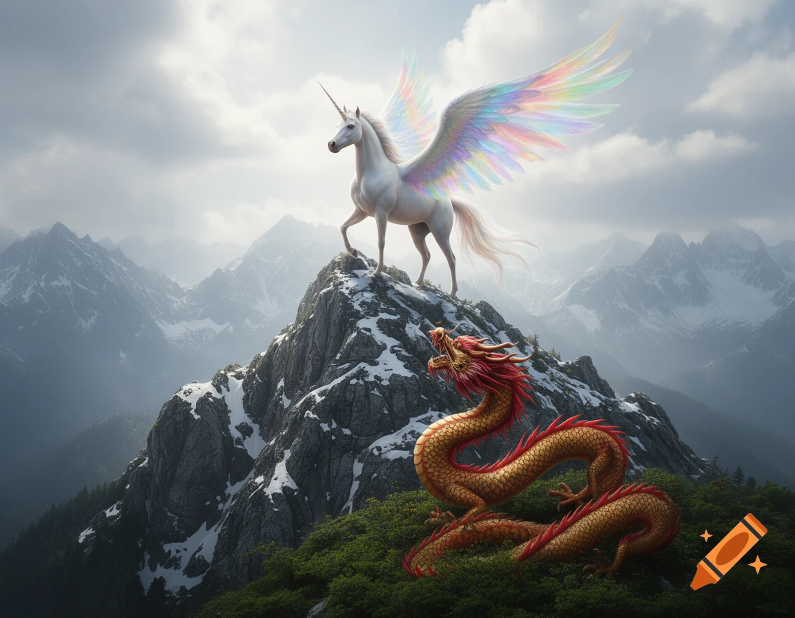 A white unicorn with rainbow wings stands on a snowy mountain peak, looking towards a coiled red and gold Chinese dragon on a lower green slope, against a cloudy mountain range.