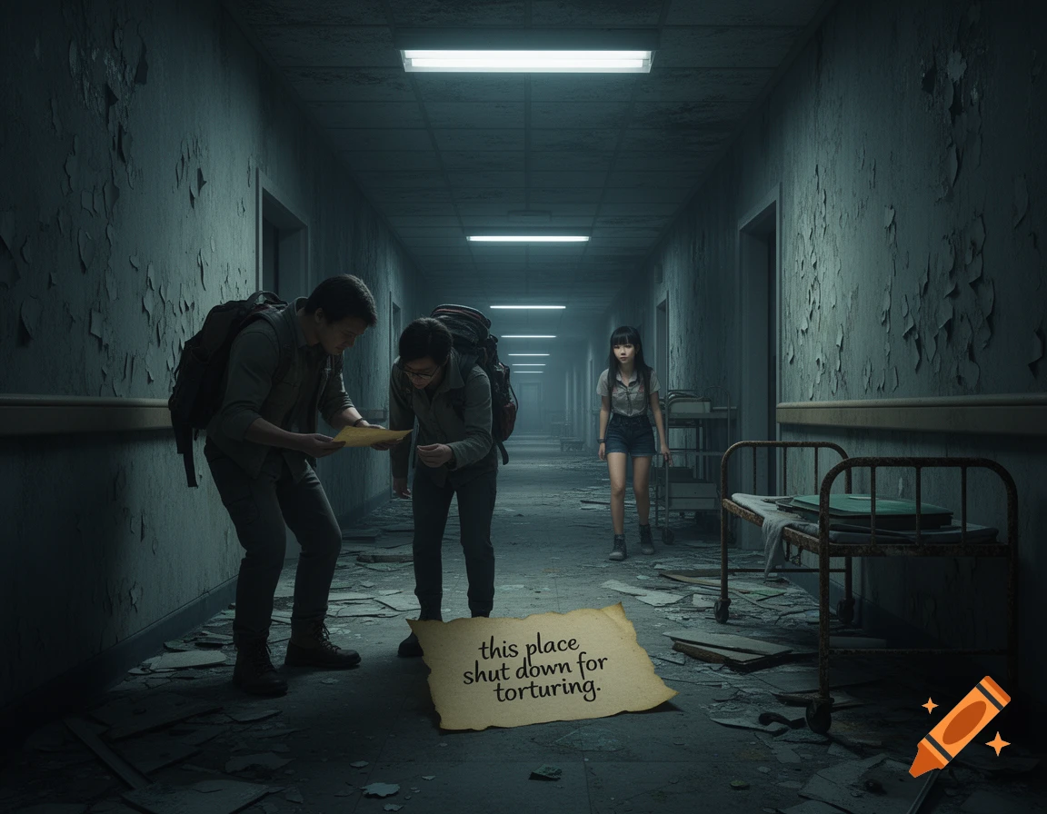 Two explorers read a note in a dark, decaying hospital corridor while another person stands behind them, photorealistic.