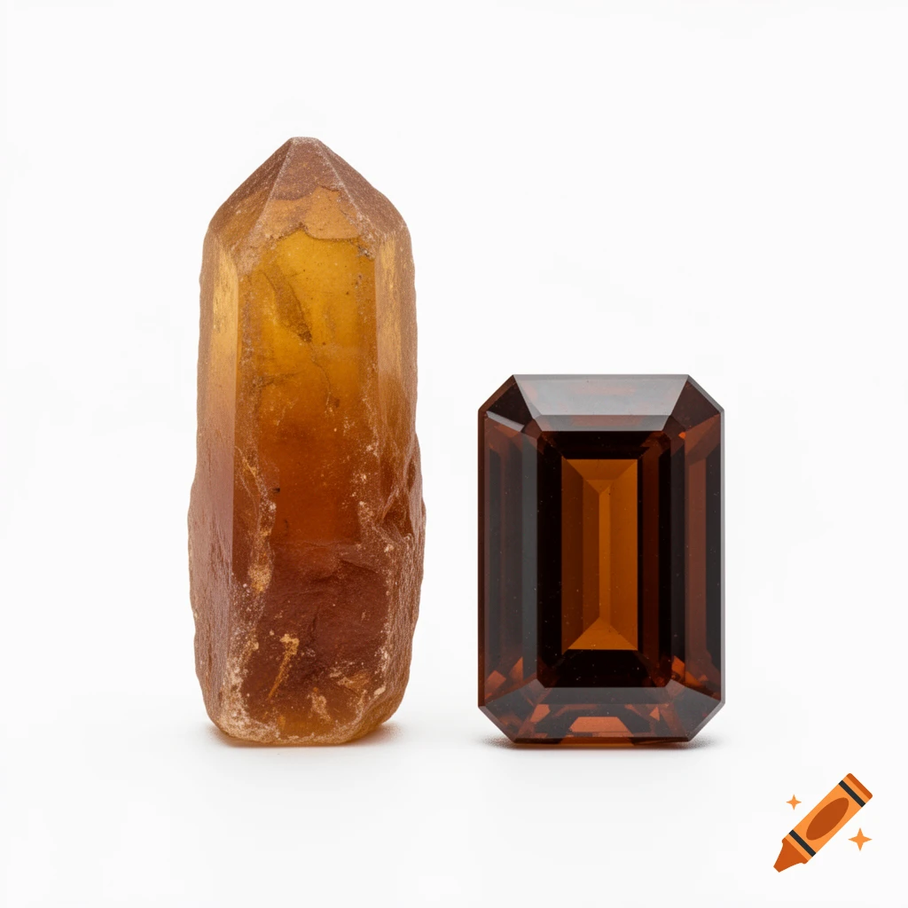 Two brown gemstones on a white background: a rough, unpolished crystal and a faceted, emerald-cut gem.