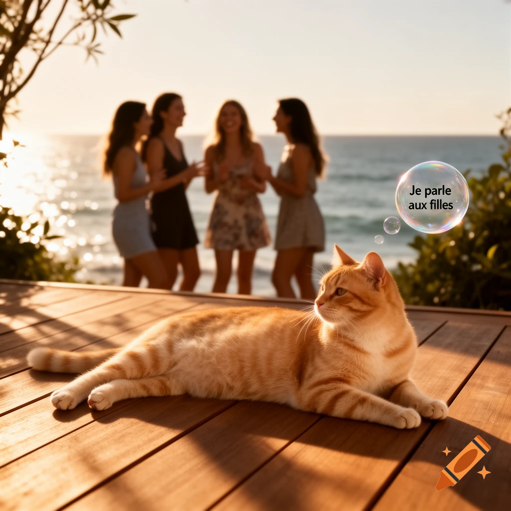 An orange tabby cat lies on a deck with a thought bubble 'Je parle aux filles' as blurred women stand by the ocean at sunset.