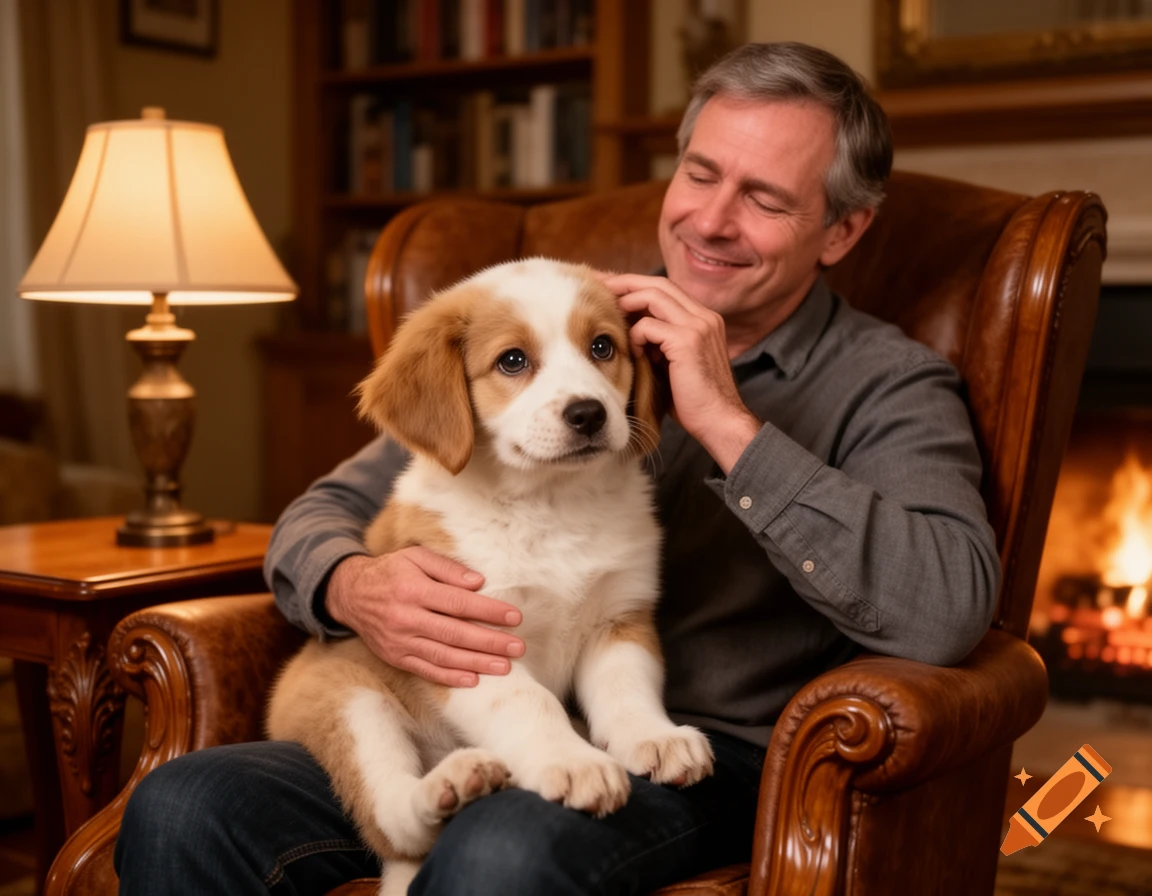 A smiling man gently pets a white and brown puppy sitting on his lap in a cozy room by a fireplace.