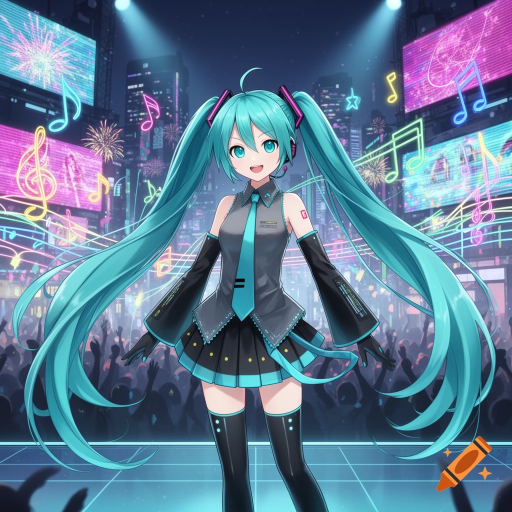Anime character Hatsune Miku with long turquoise pigtails performs on a neon-lit stage before a cheering crowd and city skyline.