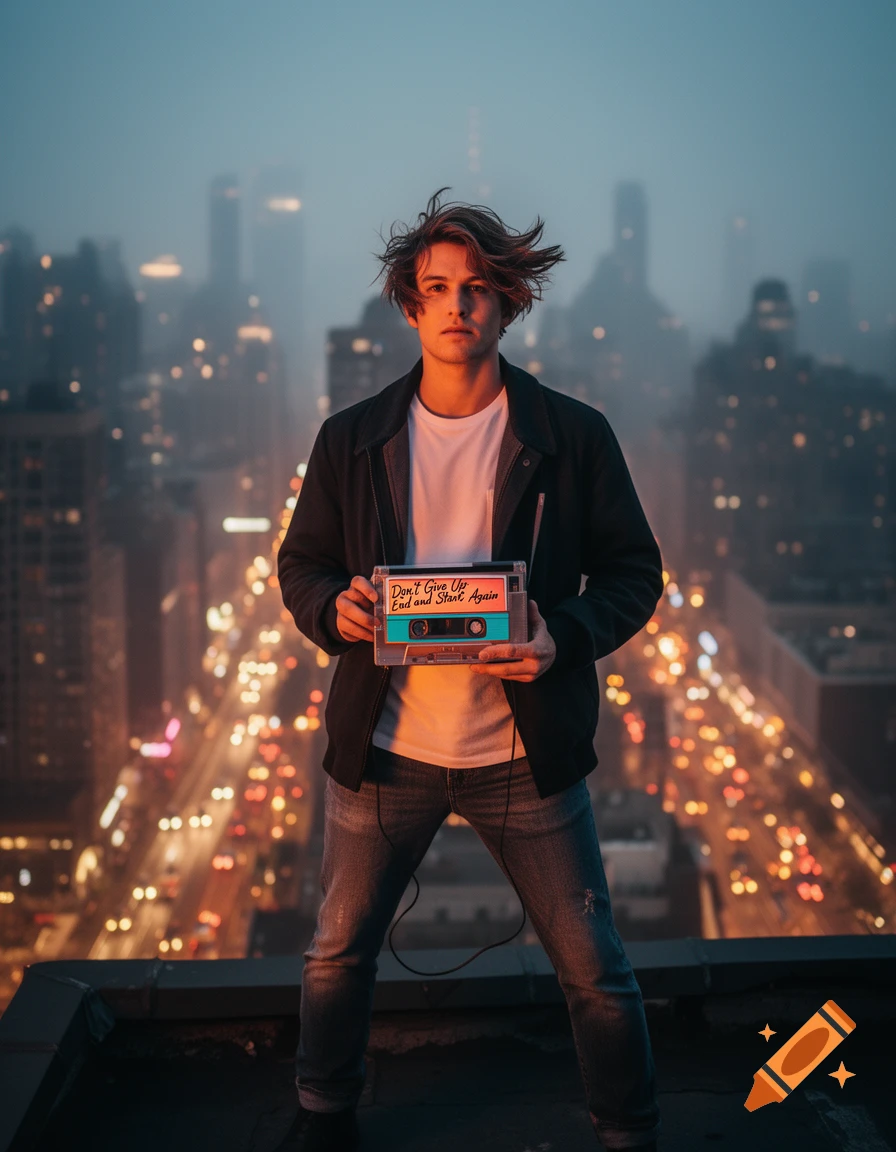 A young man with windswept hair stands on a city rooftop at dusk, holding a cassette tape reading "Don't Give Up End and Start Again." City lights blur in the background.