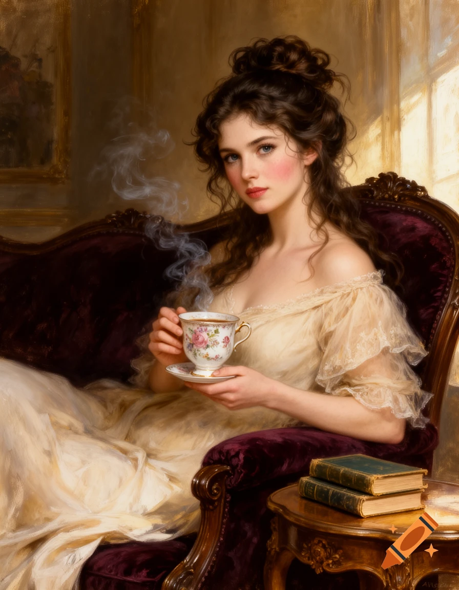 A young woman in a flowing cream dress sits on a burgundy velvet couch, holding a steaming floral teacup in an oil painting style.